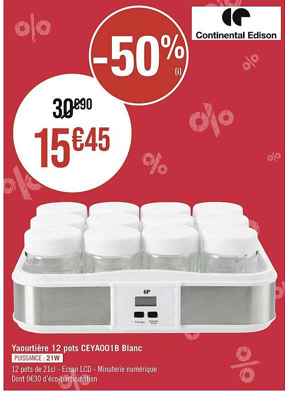 yaourtière 12 pots ceya001b blanc continental edison