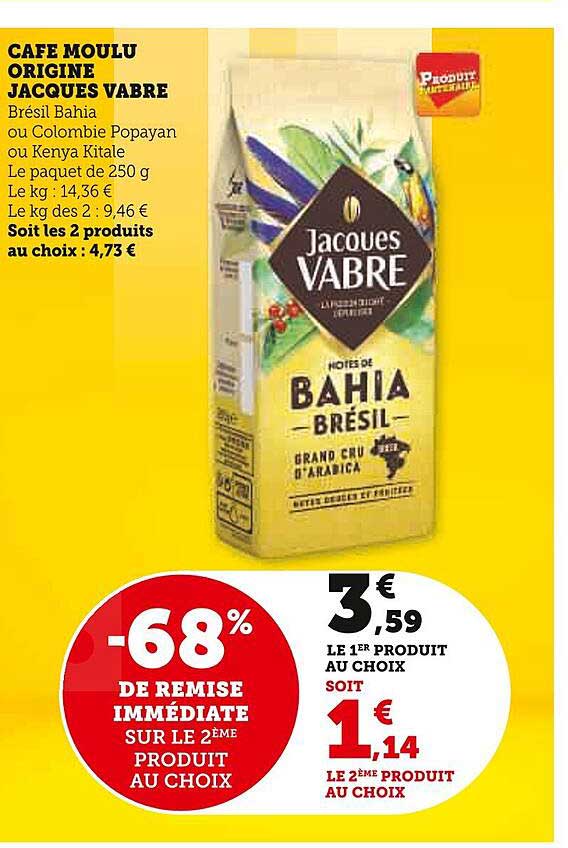 café moulu origine jacques vabre brésil bahia ou colombie popayan ou kenya kitale