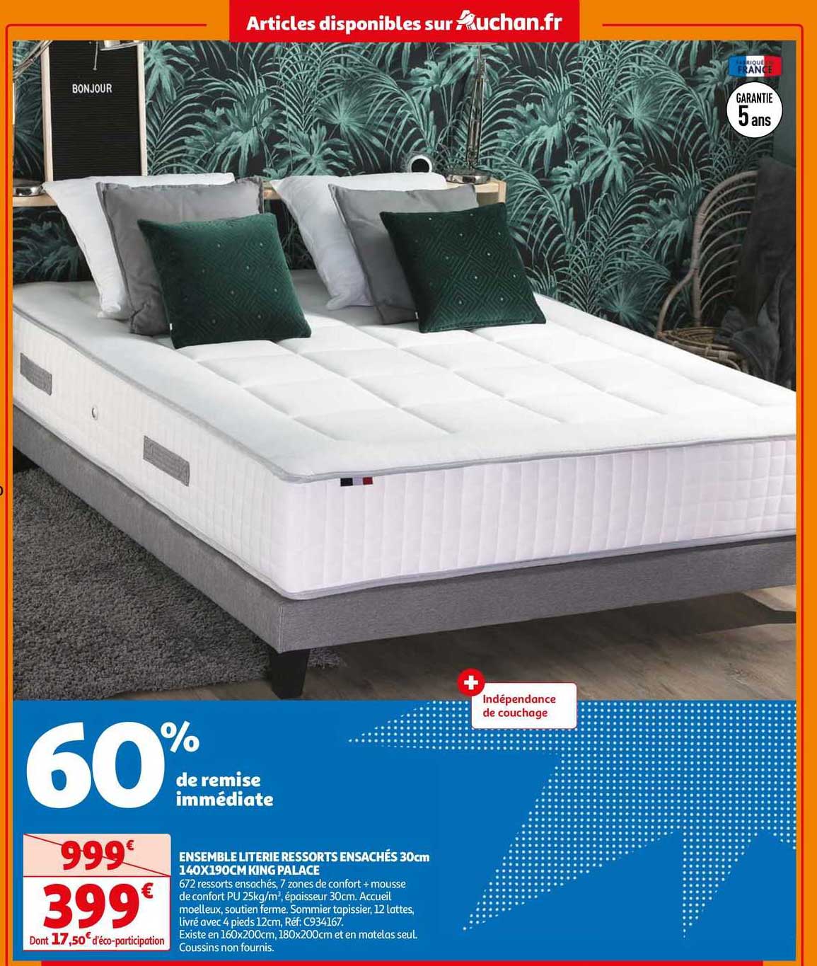 ensemble literie ressorts ensachés 30 cm 140 x 190 cm king palace