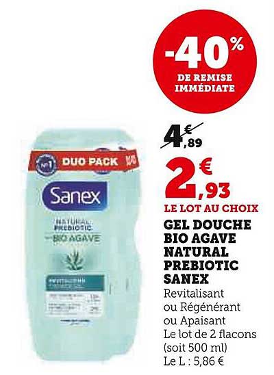 gel douche bio agave natural prébiotic sanex revitalisant ou régénérant ou apaisant
