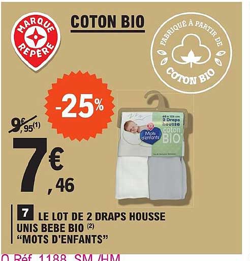 le lot de 2 draps housse unis bébé bio "mots d'enfants"