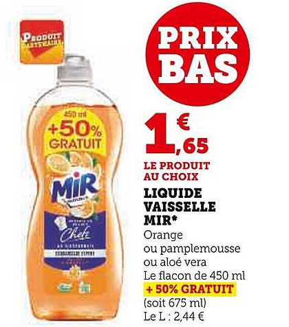 Liquide Vaisselle Mir Orange Ou Pamplemousse Ou Aloé Vera