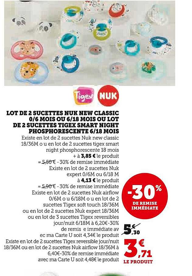 lot de 2 sucettes nik new classic 0/6 mois ou 6/18 mois ou lot de 2 sucettes tigex smart night phosphorescente 6/18 mois