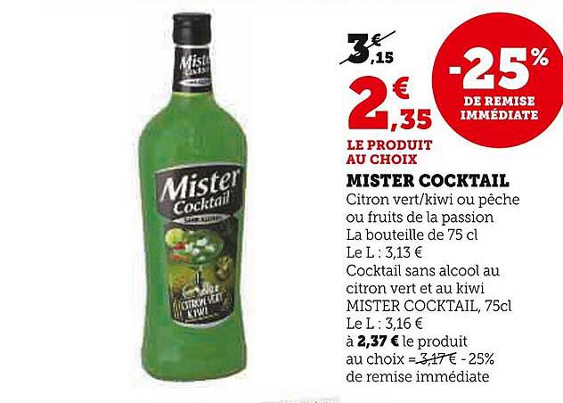 mister cocktail citron vert/kiwi ou pêche ou fruits de la passion, cocktail sans alcool au citron vert et au kiwi