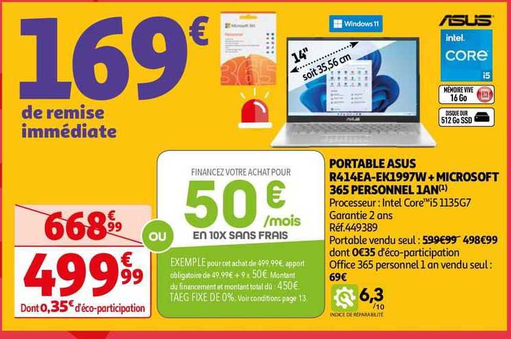 portable asus r414ea-ek1997w + microsoft 365 personnel 1 ans asus