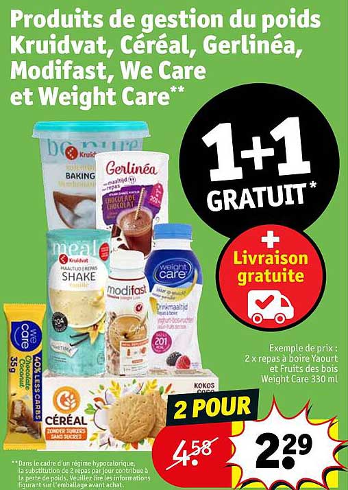 produits de gestion du poids kruidvat, céréal, gerlinéa, modifast, we care et weight care