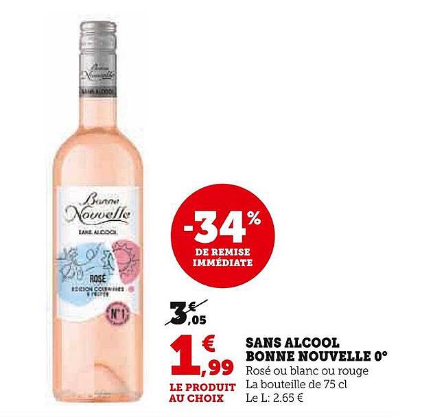 sans alcool bonne nouvelle 0° rosé ou blanc ou rouge