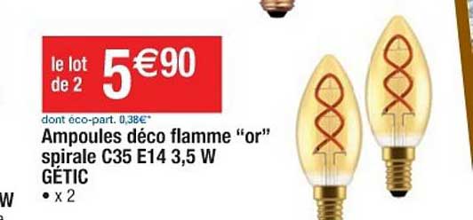 ampoules déco flamme "or" spirale c35 e14 3,5 w gétic