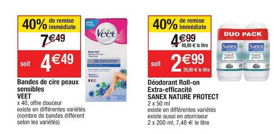 bandes de cire peaux sensibles veet, déodorant roll-on extra-efficacité sanex nature protect