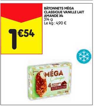 Bâtonnets Méga Classique Vanille Lait Amande X4