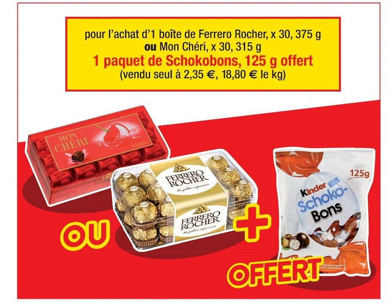 boîte de ferrero rocher, mon chéri, paquet de schokobons, 125 g offert
