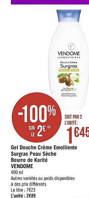 gel douche crème émolliente surgras peau sèche beurre de karité vendome