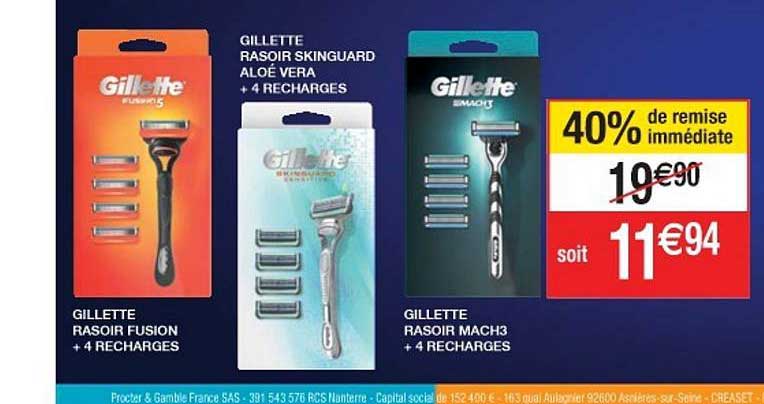 gillette rasoir skinguard aloé vera + 4 recharges, gillette rasoir fusion + 4 recharges, gillette rasoir mach3 + 4 recharges