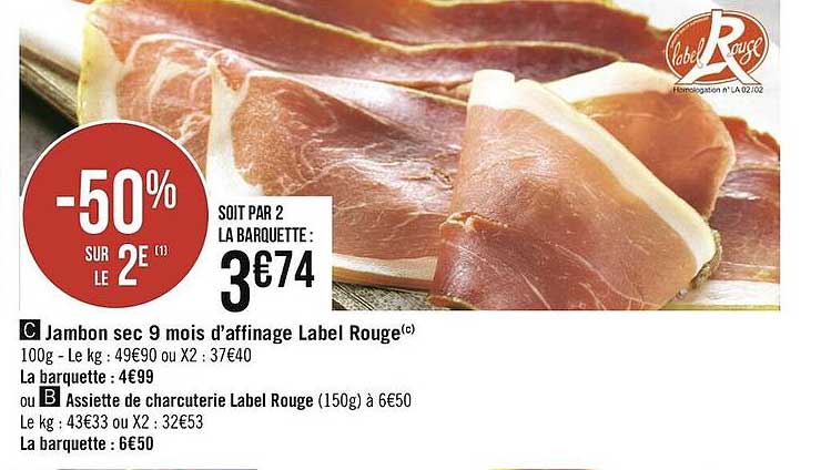 jambon sec 9 mois d'affinage label rouge, assiette de charcuterie label rouge