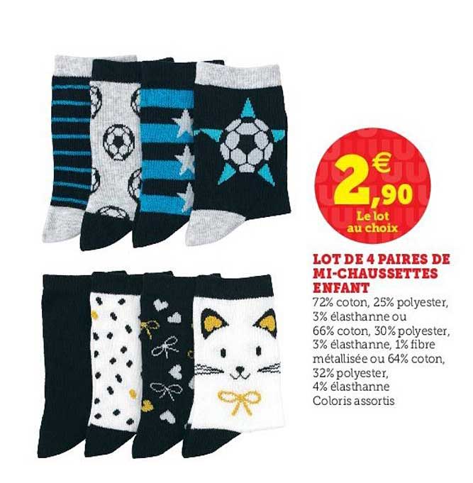 lot de 4 paires de mi-chaussettes enfant