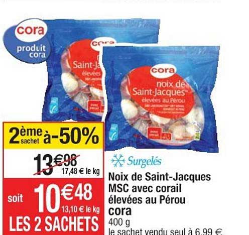 noix de saint-jacques msc avec corail élevées au pérou cora