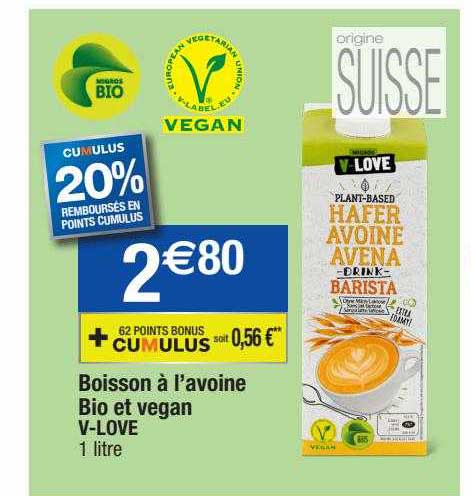 boisson à l'avoine bio et vegan v-love