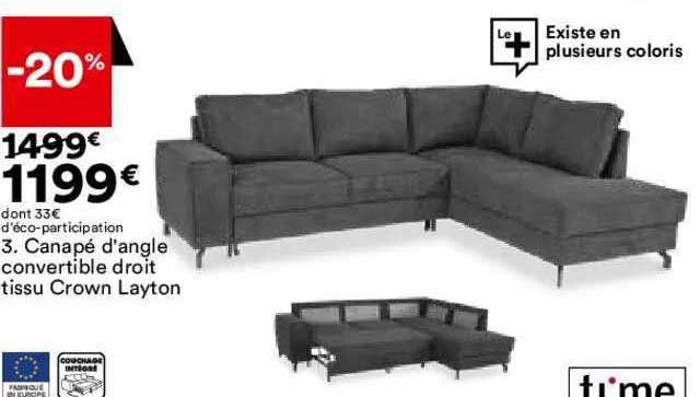 canapé d'angle convertible droit tissu crown layton time