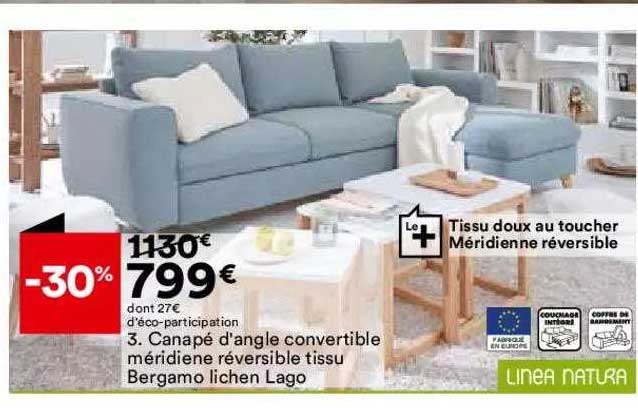canapé d'angle convertible méridiene réversible tissu bergamo lichen lago linea natura