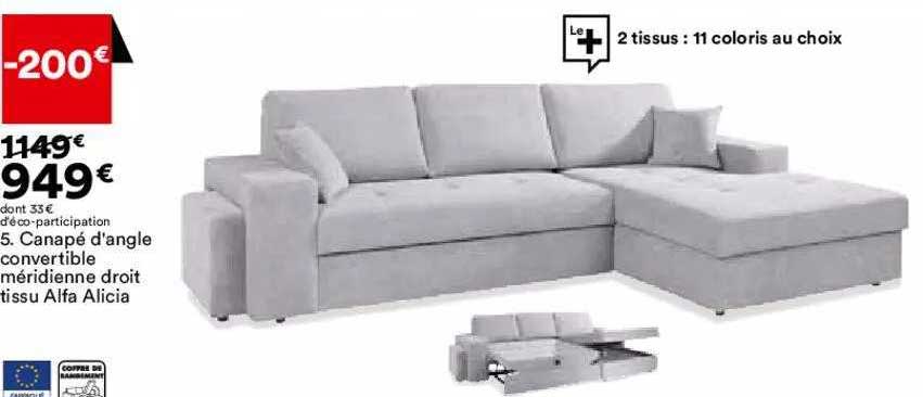 Canapé D'angle Convertible Méridienne Droit Tissu Alfa Alicia