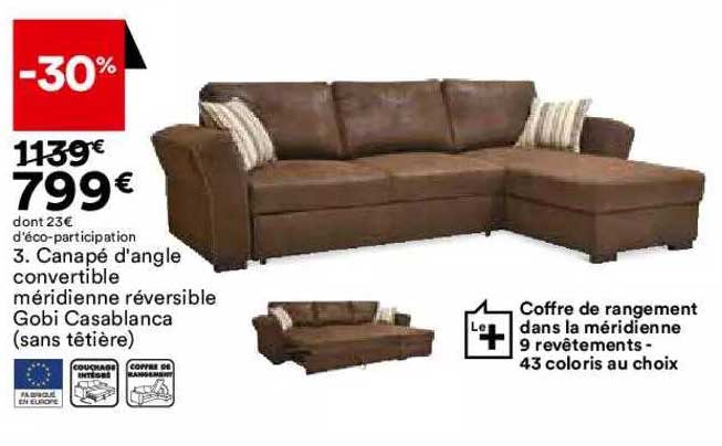 canapé d'angle convertible méridienne réversible gobi casablanca