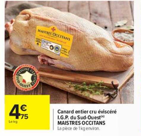 canard entier cru éviscéré i.g.p. du sud-ouest maistres occitans