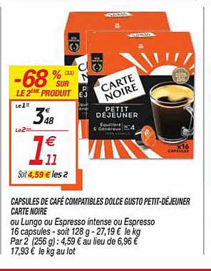 capsules de café compatibles dolce gusto petit-déjeuner carte noire -68% sur le 2ème produit