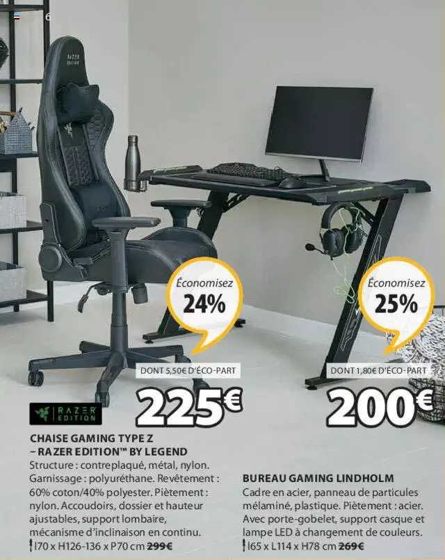 chaise gaming type z - razer édition by legend, bureau gaming lindholm