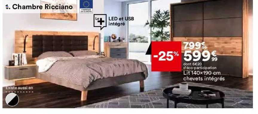 chambre ricciano : lit 140 x 190 cm chevets intégrés