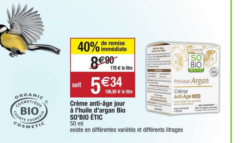 crème anti-âge jour à l'huile d'argan bio so'bio étic