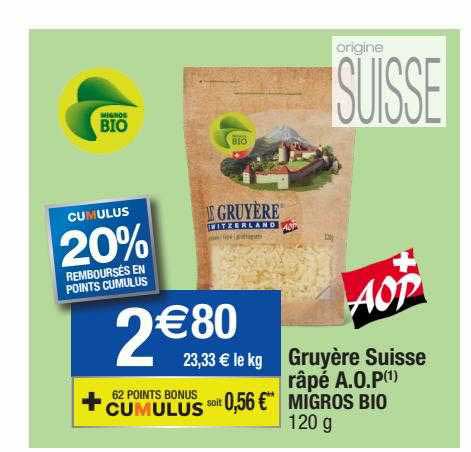 gruyère suisse râpé a.o.p. migros bio