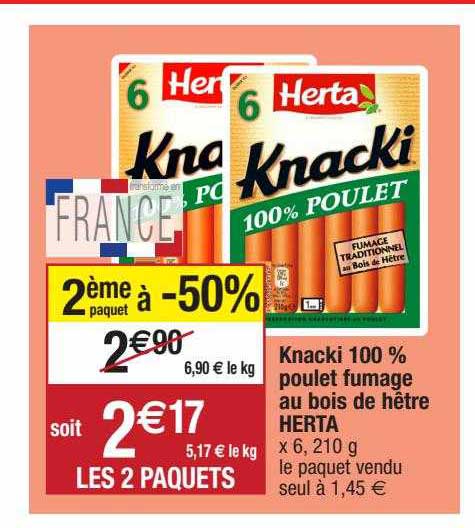 knacki 100% poulet fumage au bois de hêtre herta