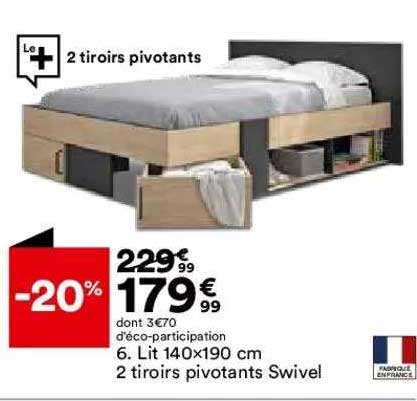 lit 140 x 190 cm 2 tiroirs pivotants swivel