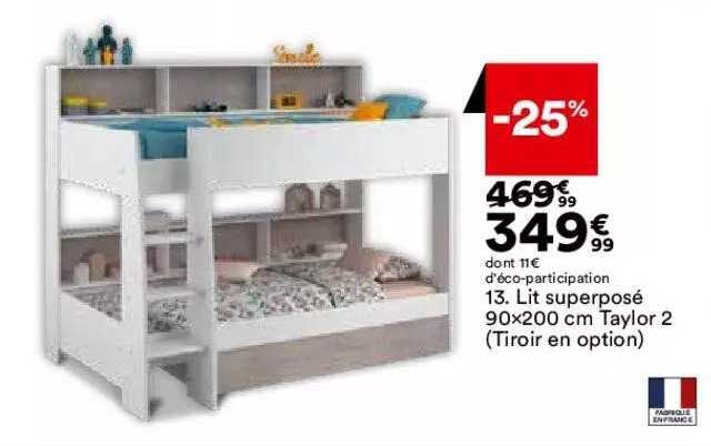 lit superposé 90 x 200 cm taylor 2 (tiroir en option)