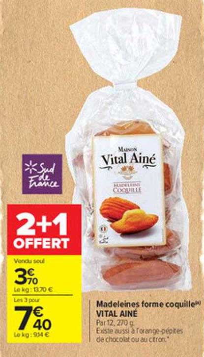 Madeleines Forme Coquille Vital Ainé 2+1 Offert