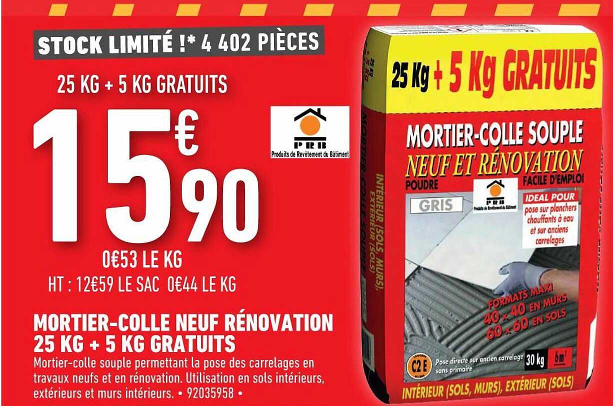 mortier-colle neuf rénovation 25 kg + 5 kg gratuits