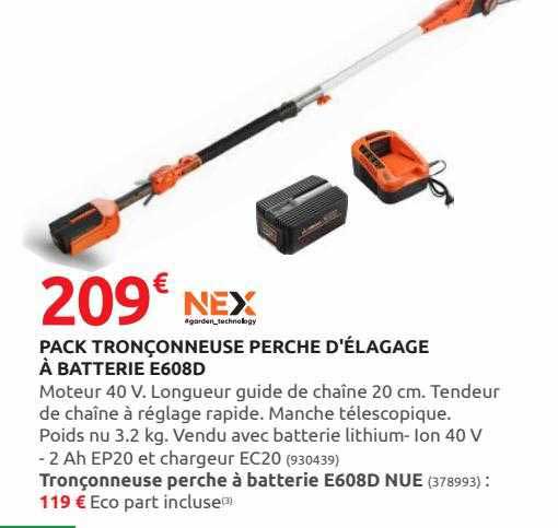 pack tronçonneuse perche d'élagage à batterie e608d nex