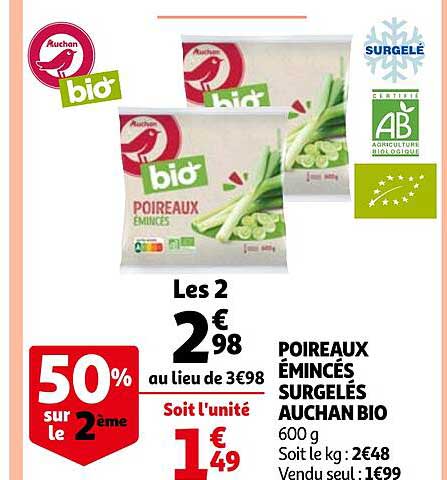 Poireaux émincés Surgelés Auchan Bio