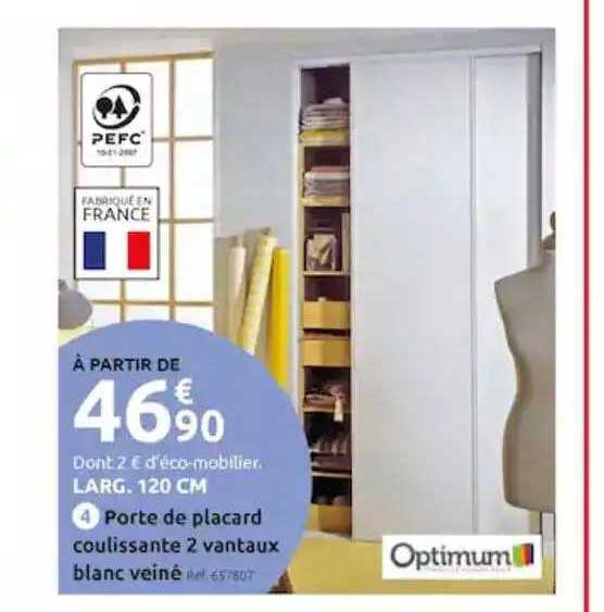 porte de placard coulissante 2 vantaux blanc veiné optimum