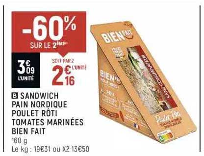 sandwich pain nordique poulet rôti tomates marinées bien fait