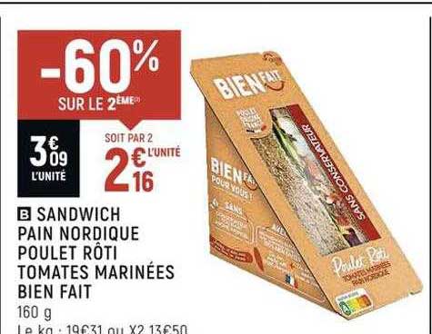 sandwich pain nordique poulet rôti tomates marinées bien fait