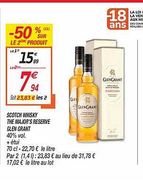 scotch whisky the major's reserve glen grand -50% sur le 2ème produit