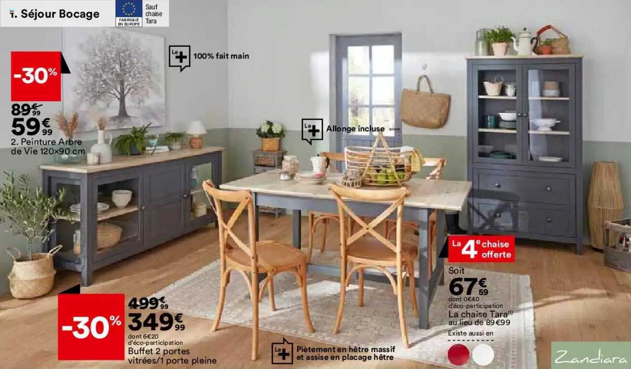 séjour bocage : peinture arbre de vie 120 x 90 cm, buffet 2 portes vitrées - 1 porte pleine, la chaise tara zandiara