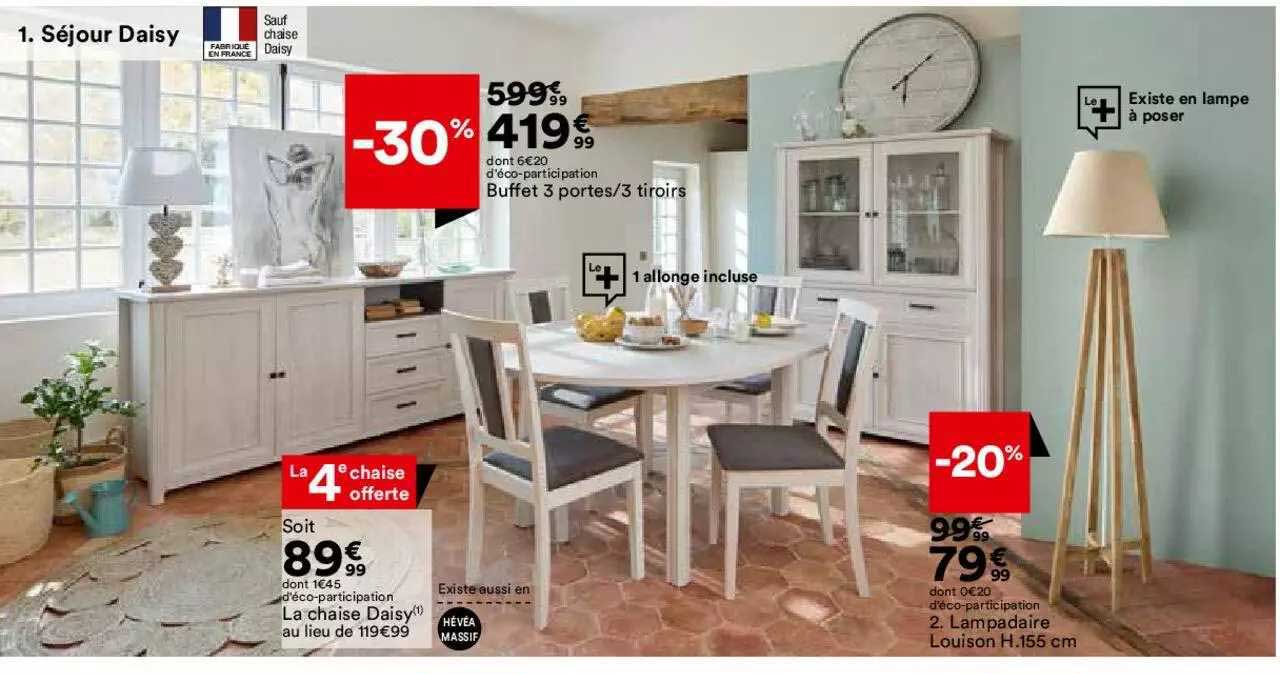 séjour daisy : buffet 3 portes - 3 tiroirs, la chaise daisy, lampadaire louison h. 155 cm