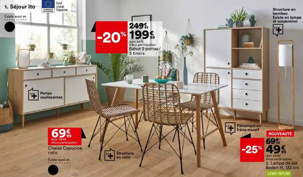 séjour ito : chaise capucine rotin, bahut 2 portes - 3 tiroirs, lampe de sol boden h. 132 cm