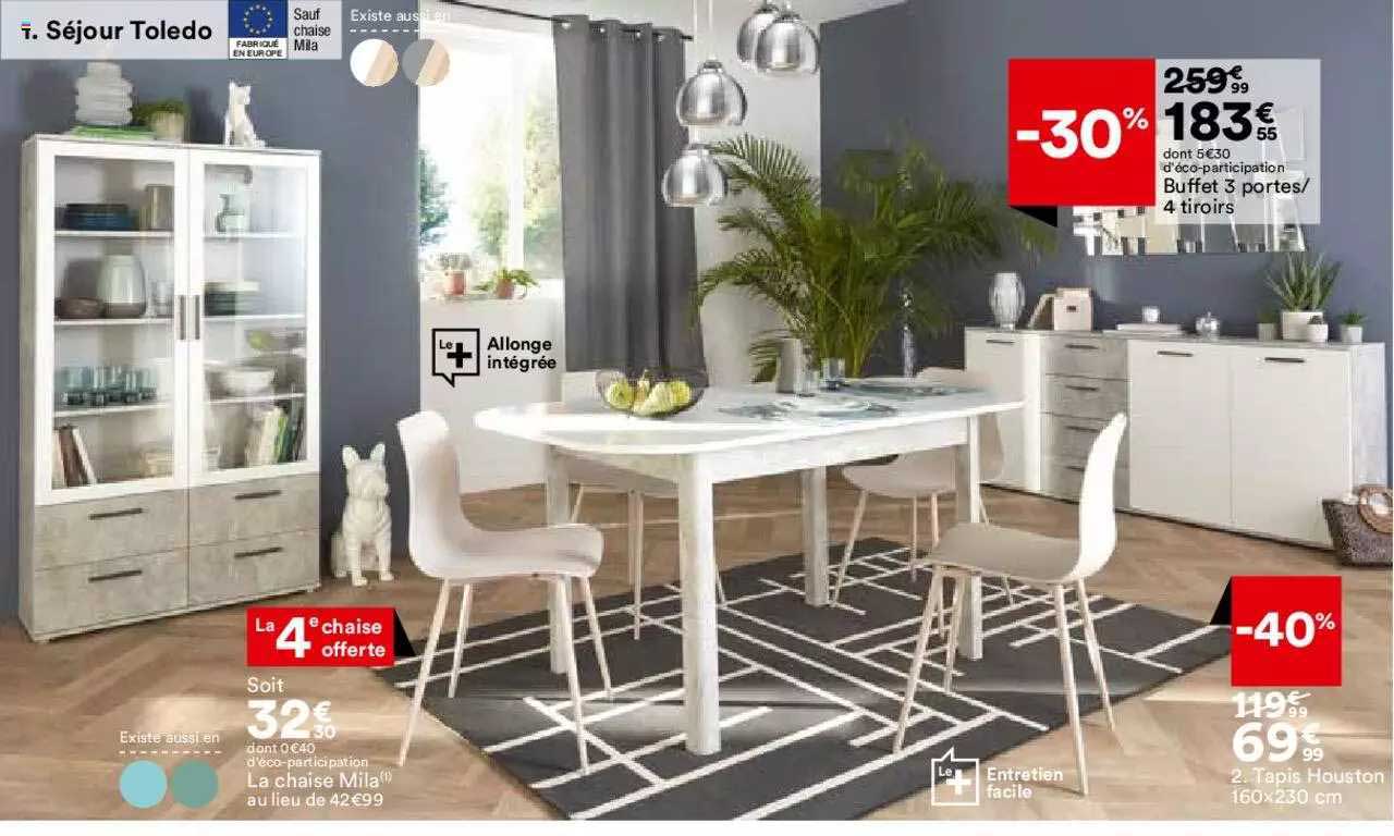 séjour toledo : la chaise mila, tapis houston 160 x 230 cm, buffet 3 portes - 4 tiroirs