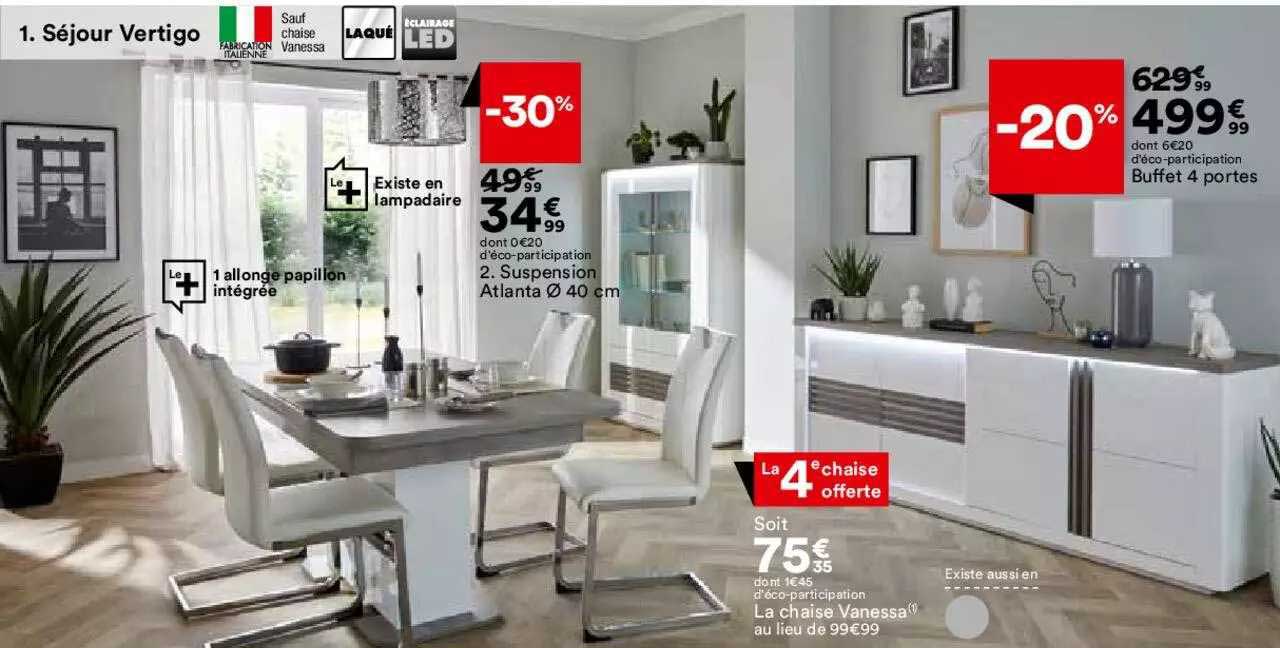 séjour vertigo, suspension atlanta ø 40 cm, buffet 4 portes, la chaise vanessa