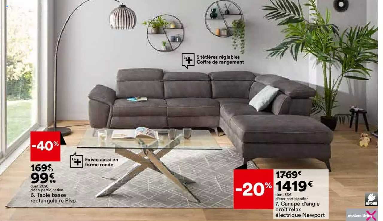 table basse rectangulaire pivo, canapé d'angle droit relax électrique newport modern living