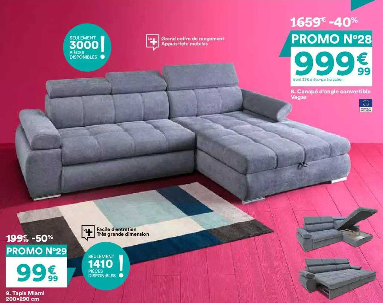tapis miami 200 x 290 cm, canapé d'angle convertible vegas