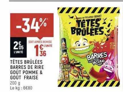têtes brûlées barres de rire goût pomme & goût fraise